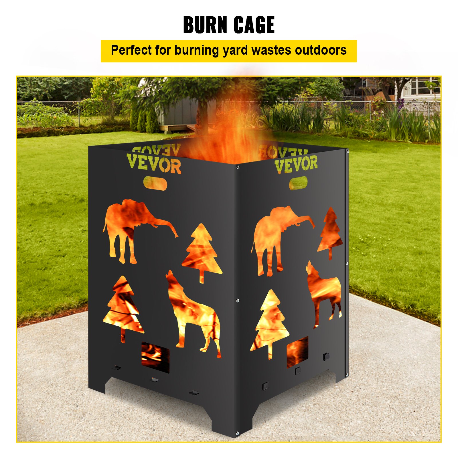 Barril incinerador VEVOR, jaula de acero al carbono de 53 x 53 x 68 cm, con tapa y asa para exteriores.