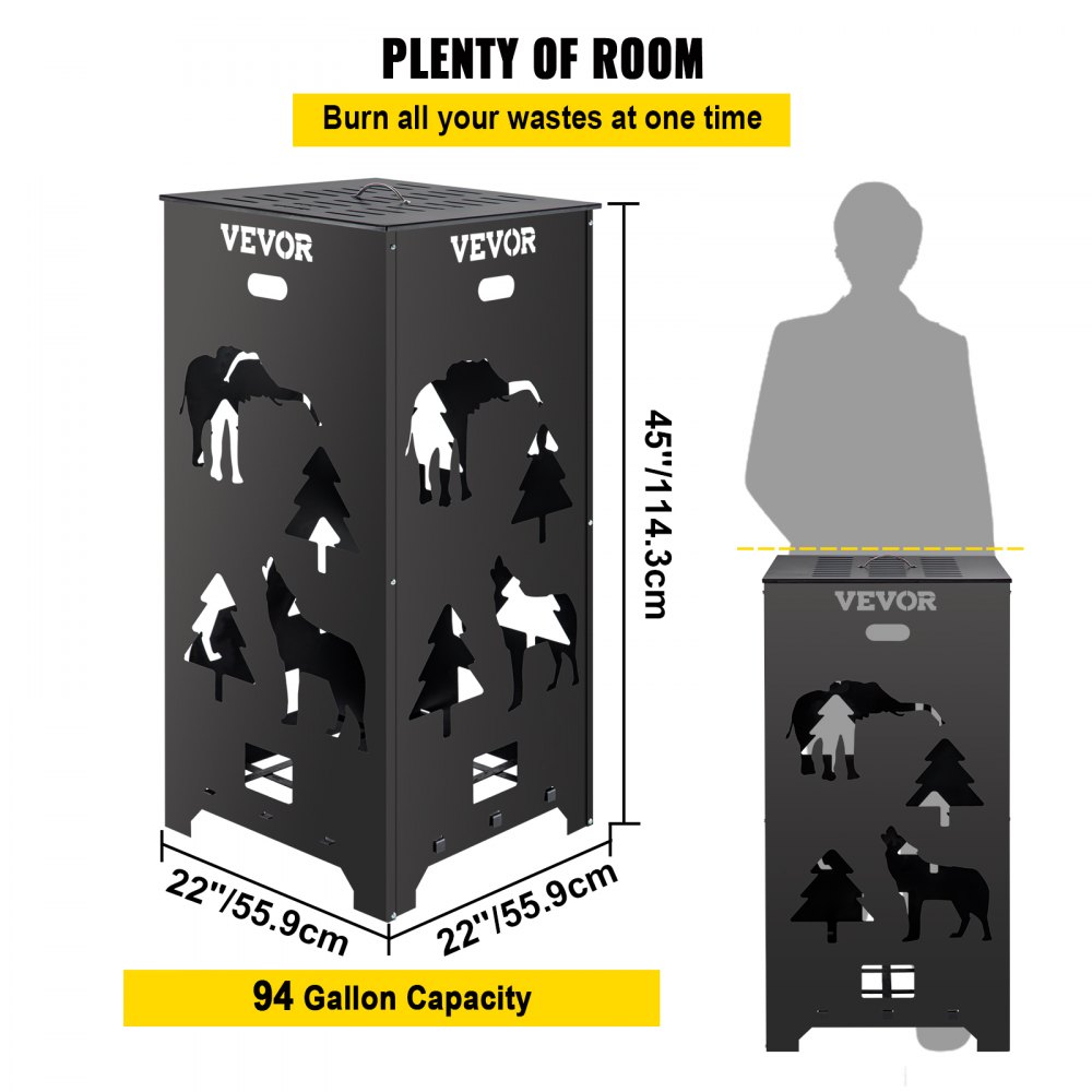 VEVOR Barril Incinerador, Jaula Incineradora de Acero al Carbono de 55,9 x 55,9 x 114,3 cm, Barril Incinerador con Tapa y Asa para Exteriores, Ideal para Quemar Desechos de Jardín, Hojas y Escombros
