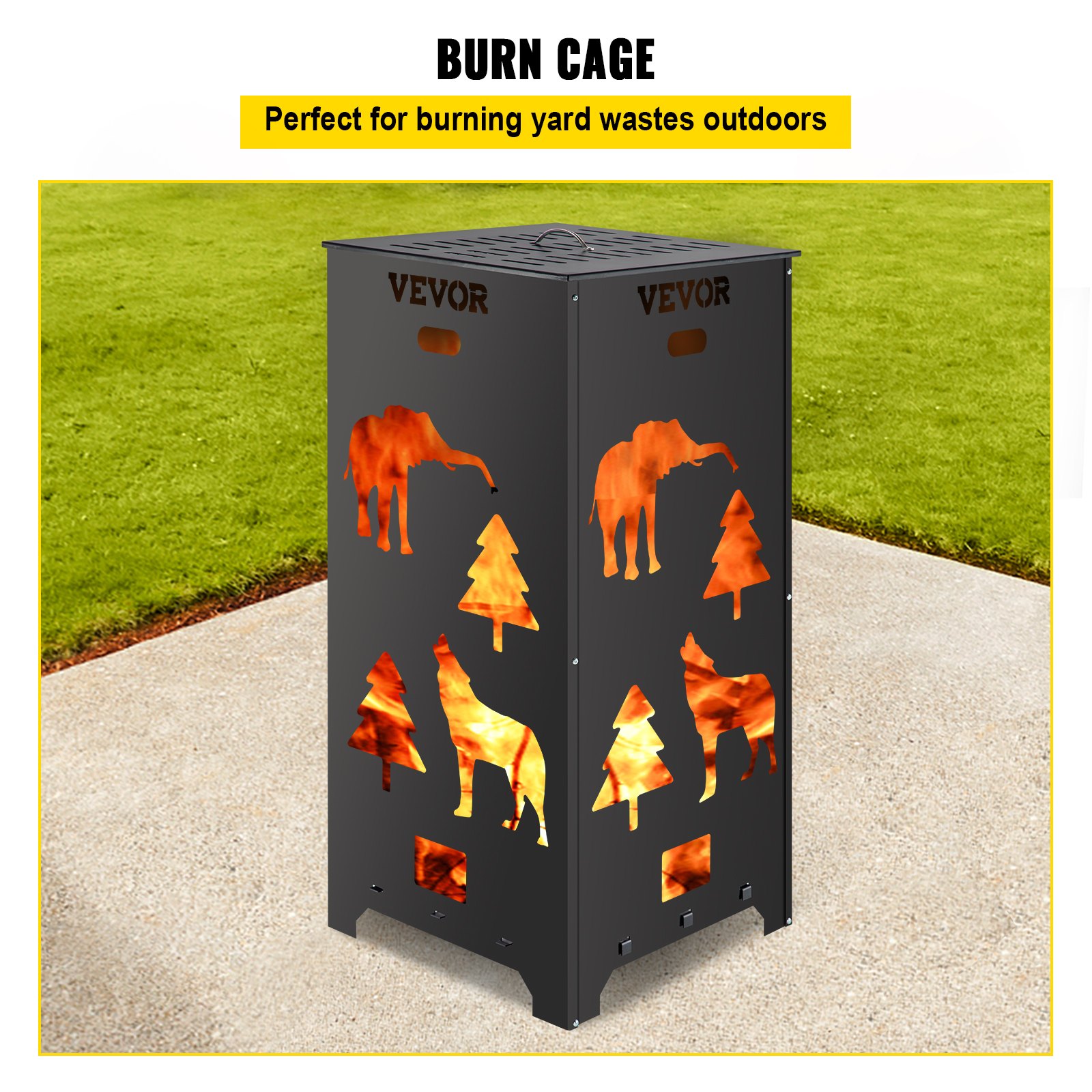 VEVOR Barril Incinerador, Jaula Incineradora de Acero al Carbono de 55,9 x 55,9 x 114,3 cm, Barril Incinerador con Tapa y Asa para Exteriores, Ideal para Quemar Desechos de Jardín, Hojas y Escombros