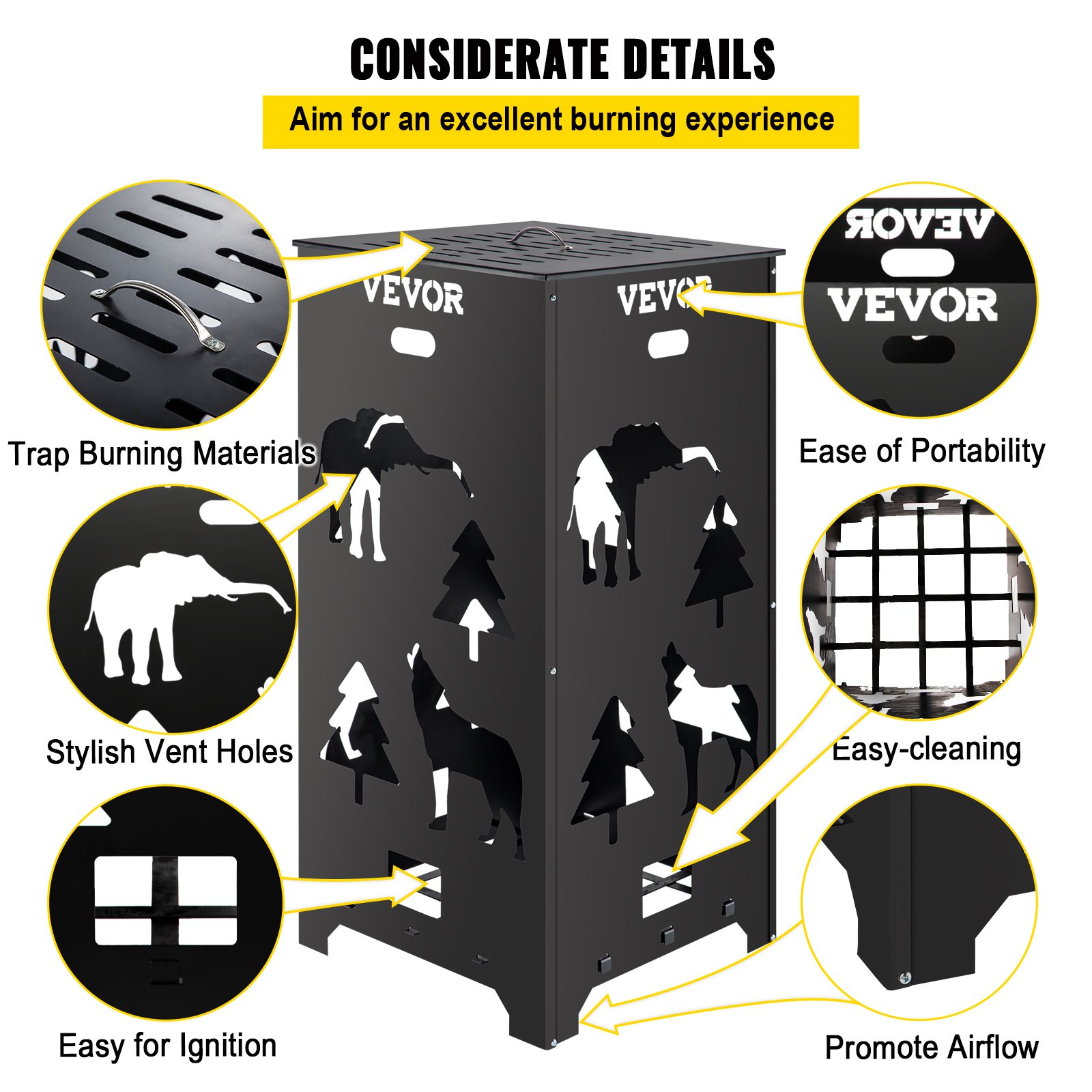 VEVOR Barril Incinerador, Jaula Incineradora de Acero al Carbono de 55,9 x 55,9 x 114,3 cm, Barril Incinerador con Tapa y Asa para Exteriores, Ideal para Quemar Desechos de Jardín, Hojas y Escombros