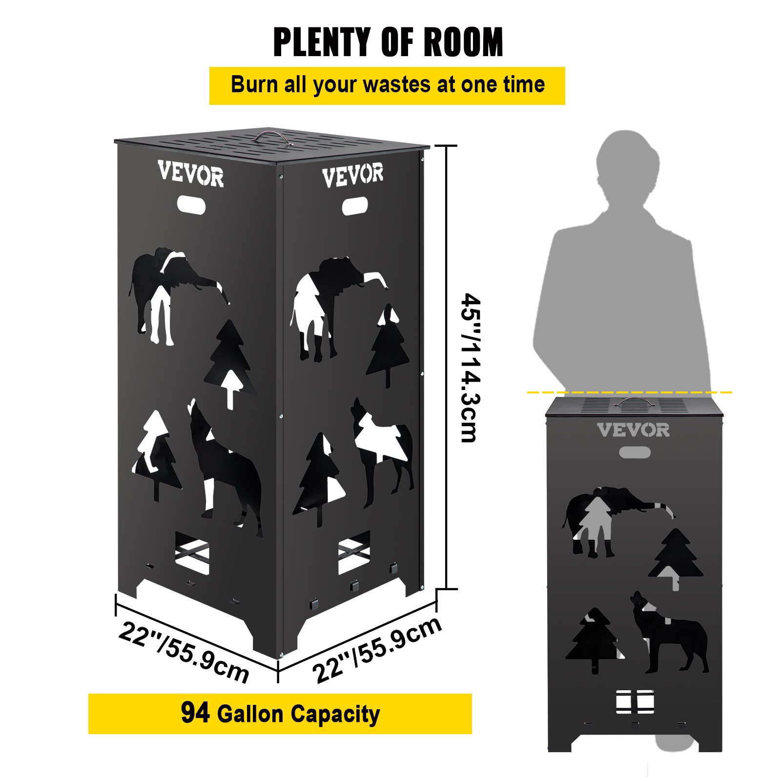 VEVOR Barril Incinerador, Jaula Incineradora de Acero al Carbono de 55,9 x 55,9 x 114,3 cm, Barril Incinerador con Tapa y Asa para Exteriores, Ideal para Quemar Desechos de Jardín, Hojas y Escombros