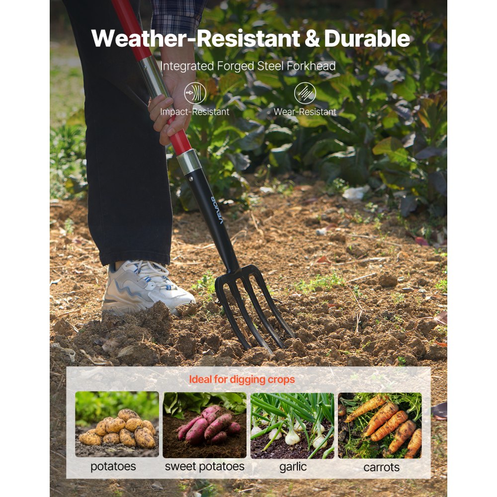 VEVOR Horca de Jardín Resistente de 4 Dientes con Mango de Fibra de Vidrio, con Empuñadura en Y, Horquilla de Acero Forjado para Heno, Papa, Compostaje, Trasplante y Aireación, 1140 x 175 mm