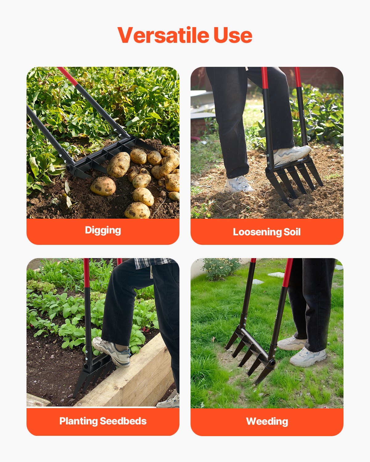 VEVOR Horca Ancha de 5 Dientes con Mangos Dobles de Fibra de Vidrio, Resistente, Diseño Ergonómico en Forma de U, Herramienta de Jardinería para Compostaje, Trasplante y Aireación, 1370 x 515 mm