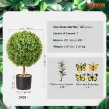 VEVOR 2x Bola de boj artificial Ø40,6cm Decoración de jardín Bola de boj en maceta Bola de boj artificial Planta artificial de PE, Madera, PP incl. 4 piezas. Mariposas decorativas y 10 uds. Reemplazo