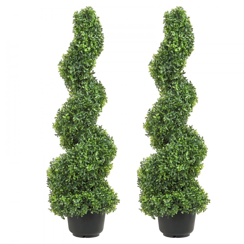 Topiario de boj artificial VEVOR, plantas gemelas en forma de espiral en macetas negras, ideal para decoración de exteriores.