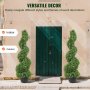 Plantas espirales topiarias de boj artificial VEVOR colocadas afuera de una puerta de madera verde para decoración interior y exterior.