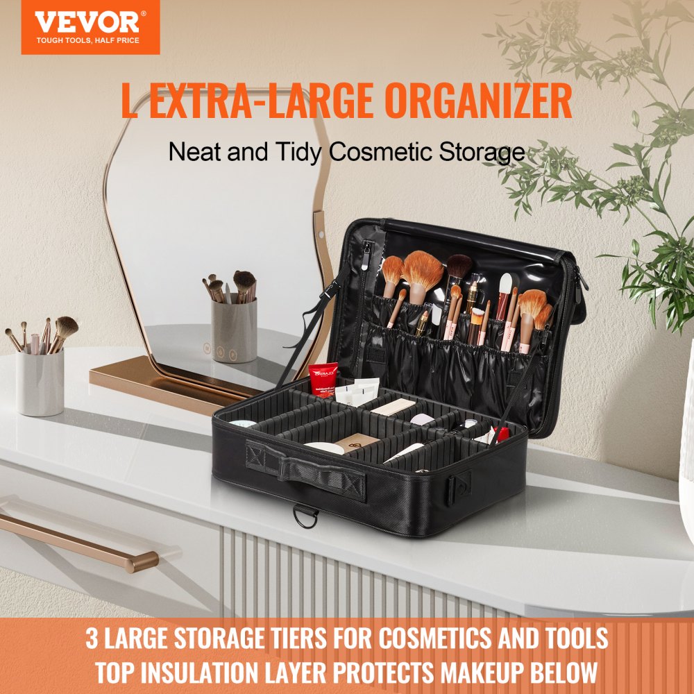 VEVOR Estuche de Maquillaje con Almacenamiento Grande de 3 Niveles, Transporte Conveniente con Asa, Correa, Caja Organizadora de Almacenamiento de Maquillaje Oxford Impermeable Profesional, Portador de Maquillaje Resistente, Negro