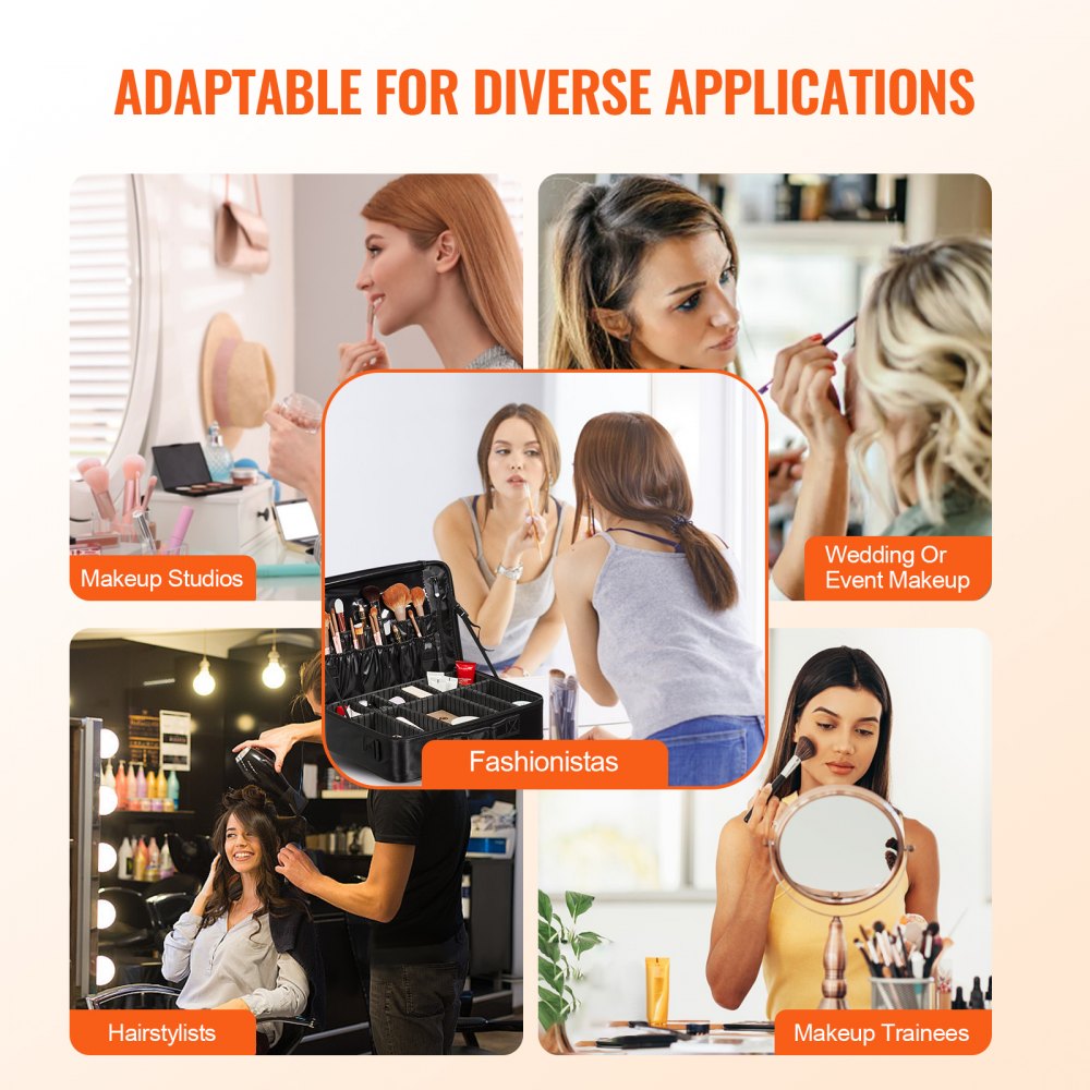 VEVOR Estuche de Maquillaje con Almacenamiento Grande de 3 Niveles, Transporte Conveniente con Asa, Correa, Caja Organizadora de Almacenamiento de Maquillaje Oxford Impermeable Profesional, Portador de Maquillaje Resistente, Negro
