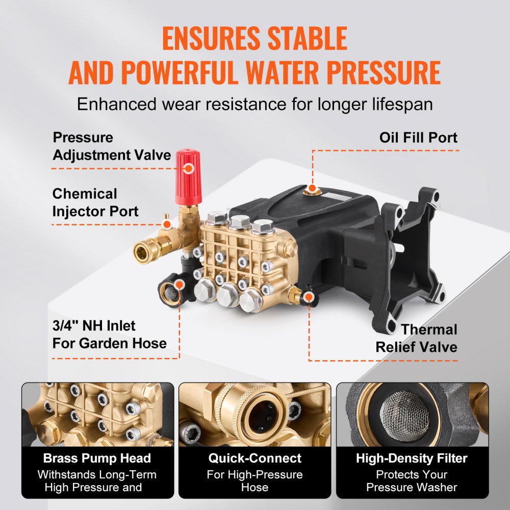 VEVOR Bomba para Hidrolavadora Émbolo Triple Horizontal con Eje de 25,4mm, 4200 PSI, 4,2 GPM, Kit de Repuesto para Hidrolavadora con 5 Boquillas, Compatible con Simpson MorFlex 40224, 40225, 40226