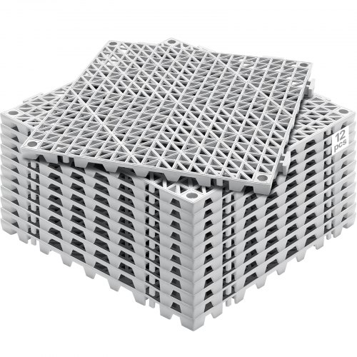 Cojín modular entrelazado VEVOR, paquete de 12 alfombrillas de drenaje de 30 x 30 cm, baldosas de drenaje entrelazadas de PVC suave, orificios de drenaje antideslizantes para baños, cocinas, piscinas y zonas húmedas, color gris.