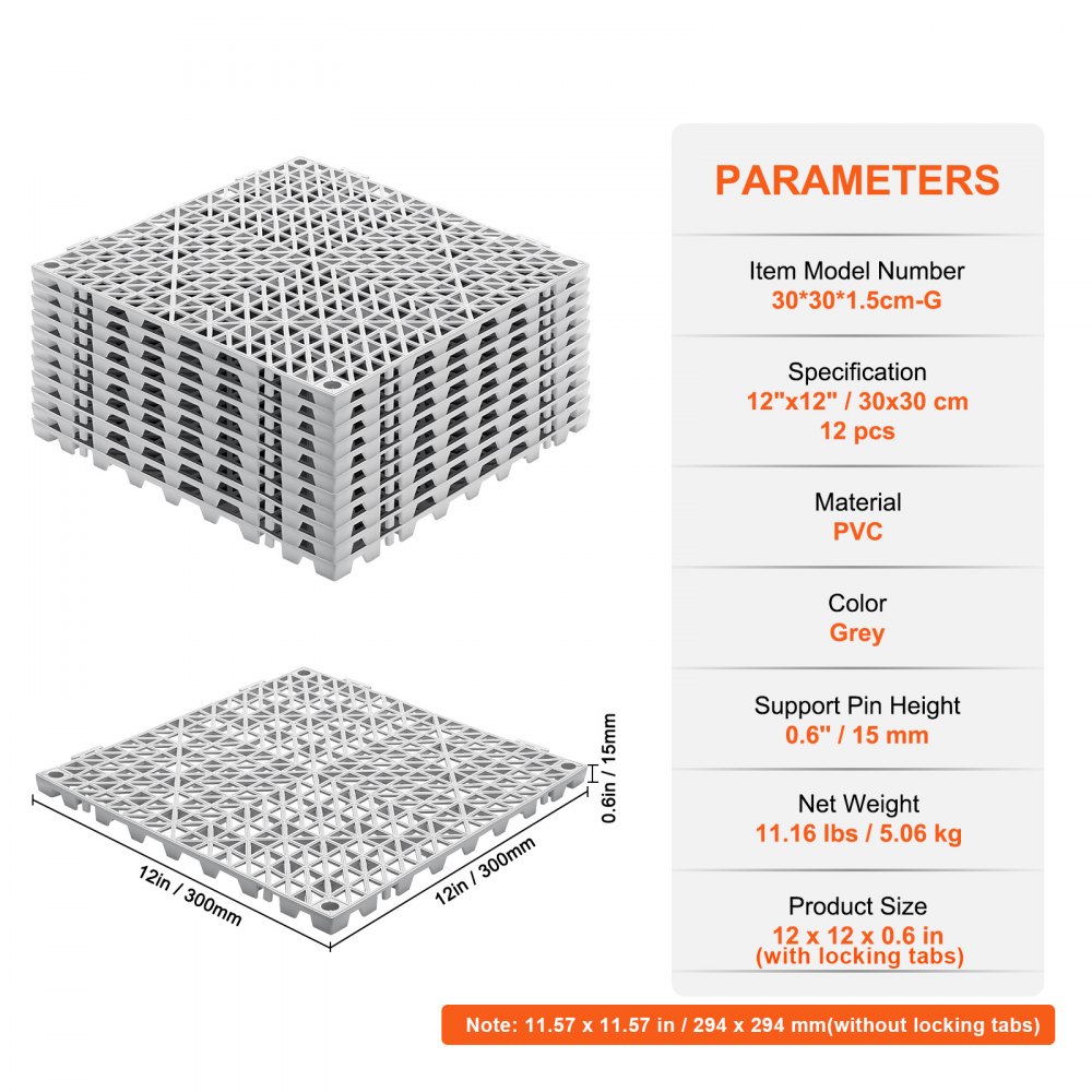 Cojín modular entrelazado VEVOR, paquete de 12 alfombrillas de drenaje de 30 x 30 cm, baldosas de drenaje entrelazadas de PVC suave, orificios de drenaje antideslizantes para baños, cocinas, piscinas y zonas húmedas, color gris.