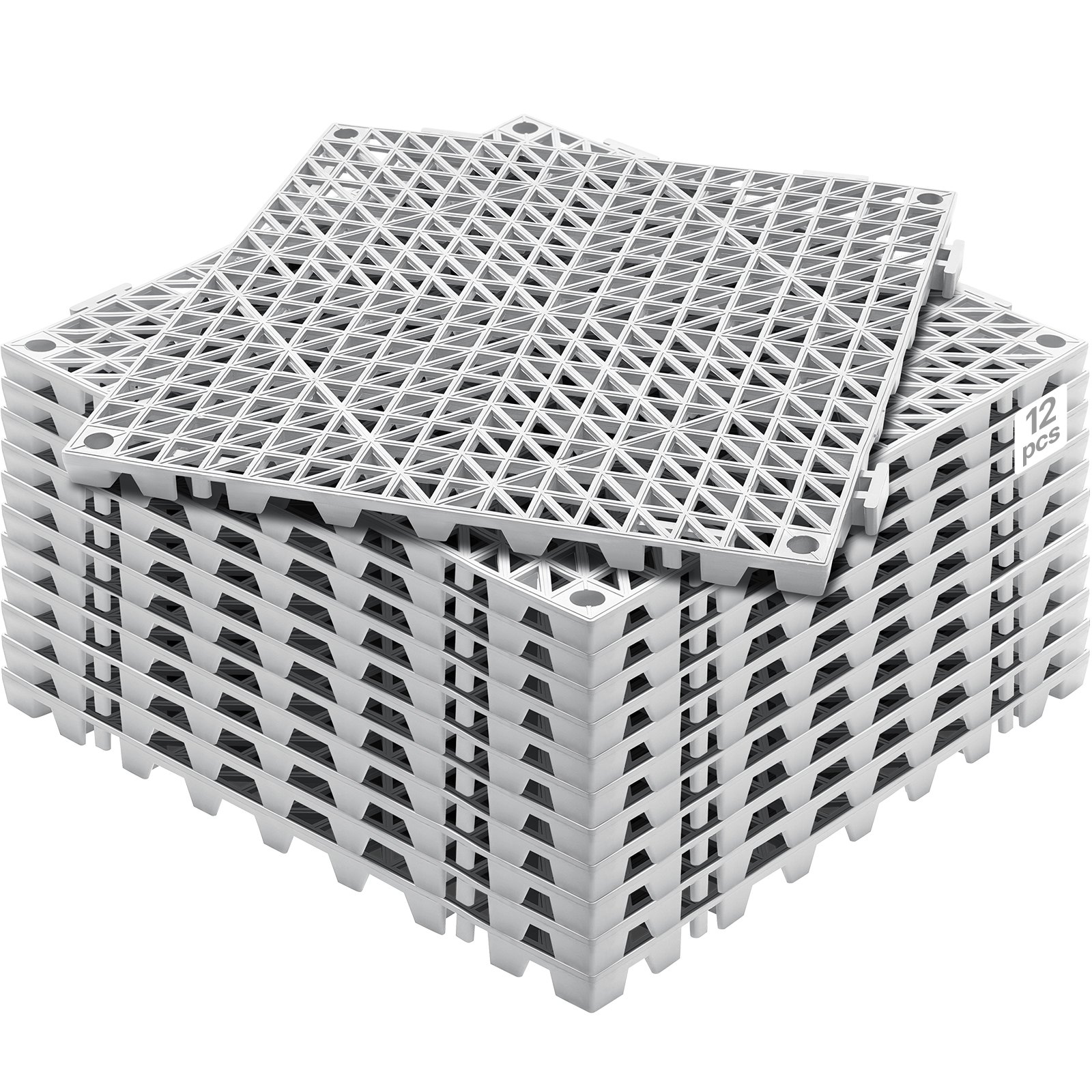 Cojín modular entrelazado VEVOR, paquete de 12 alfombrillas de drenaje de 30 x 30 cm, baldosas de drenaje entrelazadas de PVC suave, orificios de drenaje antideslizantes para baños, cocinas, piscinas y zonas húmedas, color gris.