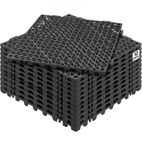 VEVOR - Cojín modular entrelazado, paquete de 12, 30 x 30 cm, alfombrillas de drenaje entrelazadas, baldosas de PVC suave, orificios de drenaje antideslizantes para baños, cocinas, piscinas y zonas húmedas, color negro