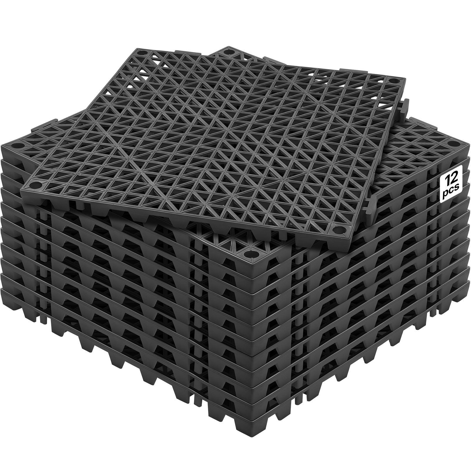 VEVOR - Cojín modular entrelazado, paquete de 12, 30 x 30 cm, alfombrillas de drenaje entrelazadas, baldosas de PVC suave, orificios de drenaje antideslizantes para baños, cocinas, piscinas y zonas húmedas, color negro
