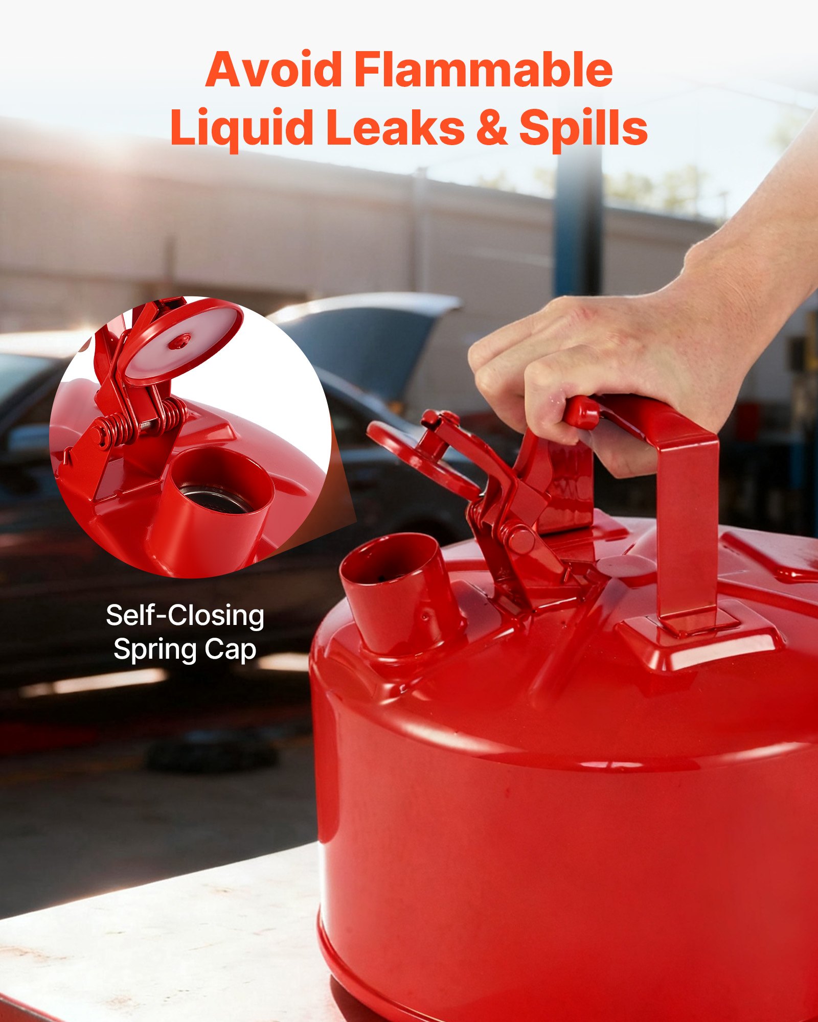 Bidón de seguridad para gasolina VEVOR, 2.5 galones, tipo I, color rojo, con parallamas de acero inoxidable, tapa de cierre automático y embudo de polietileno. Contenedor de almacenamiento de inflamables de acero al carbono con asa ergonómica.