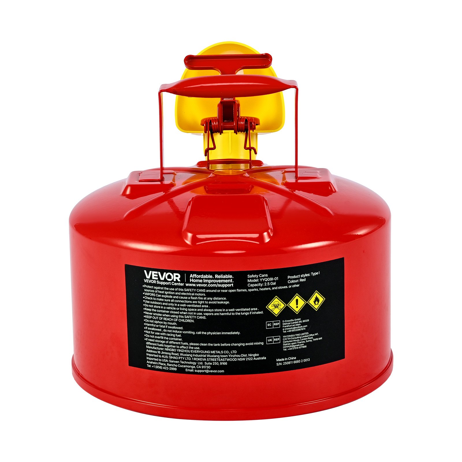 Bidón de seguridad para gasolina VEVOR, 2.5 galones, tipo I, color rojo, con parallamas de acero inoxidable, tapa de cierre automático y embudo de polietileno. Contenedor de almacenamiento de inflamables de acero al carbono con asa ergonómica.