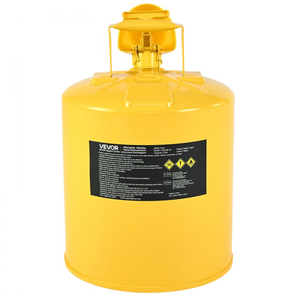 VEVOR Safety Can, 5 Gallon Type I Yellow Safety Can for Diesel with Stainless Steel Flame Arrester, Self-Closing Lid, and PE Funnel, Carbon Steel Flammable Storage Container with Ergonomic Handle