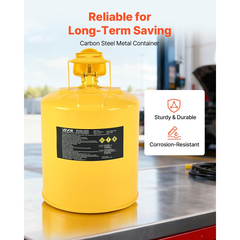 Bidón de seguridad VEVOR, bidón de seguridad amarillo tipo I de 5 galones para diésel con parallamas de acero inoxidable, tapa de cierre automático y embudo de polietileno. Contenedor de almacenamiento de inflamables de acero al carbono con asa ergonómica.