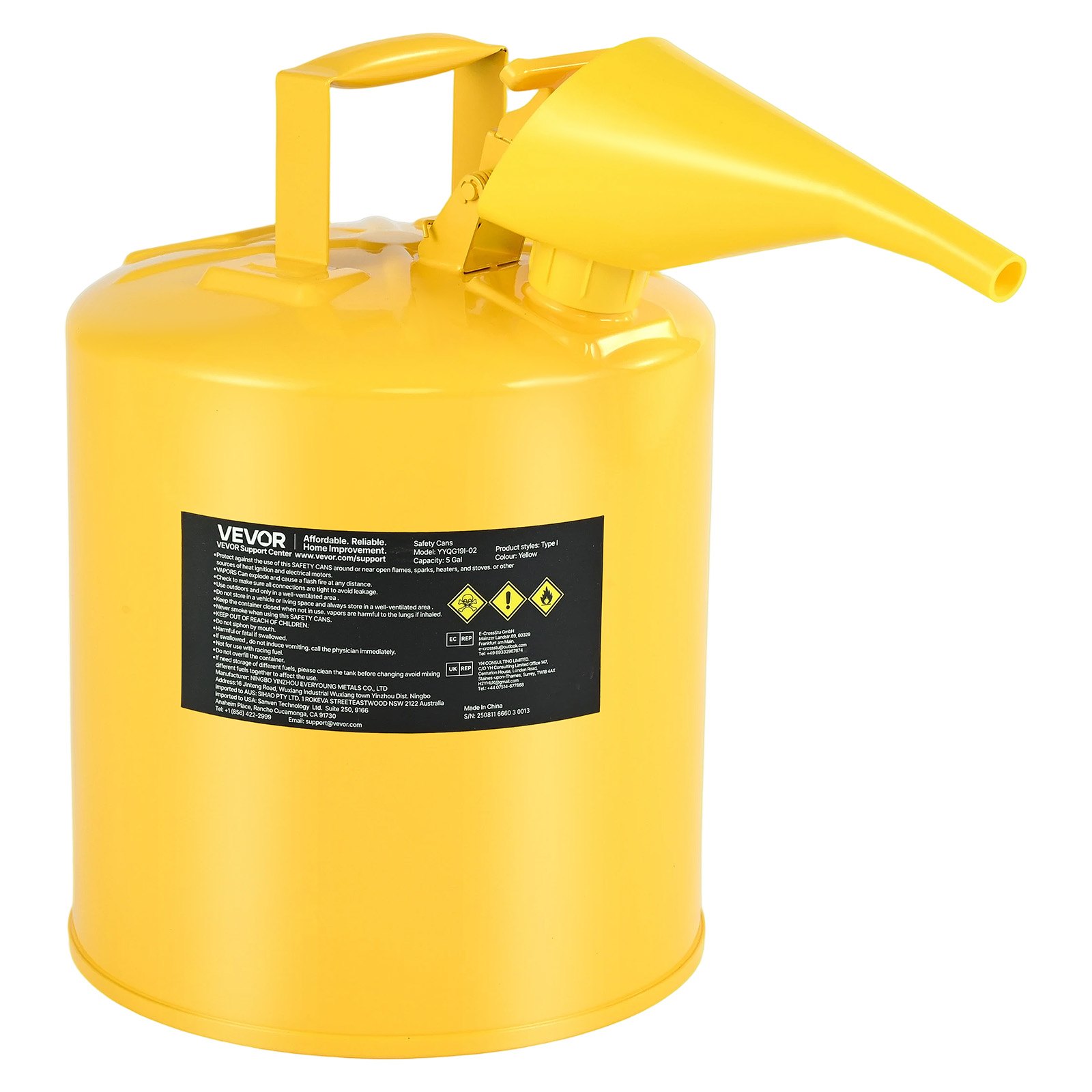 VEVOR Safety Can, 5 Gallon Type I Yellow Safety Can for Diesel with Stainless Steel Flame Arrester, Self-Closing Lid, and PE Funnel, Carbon Steel Flammable Storage Container with Ergonomic Handle