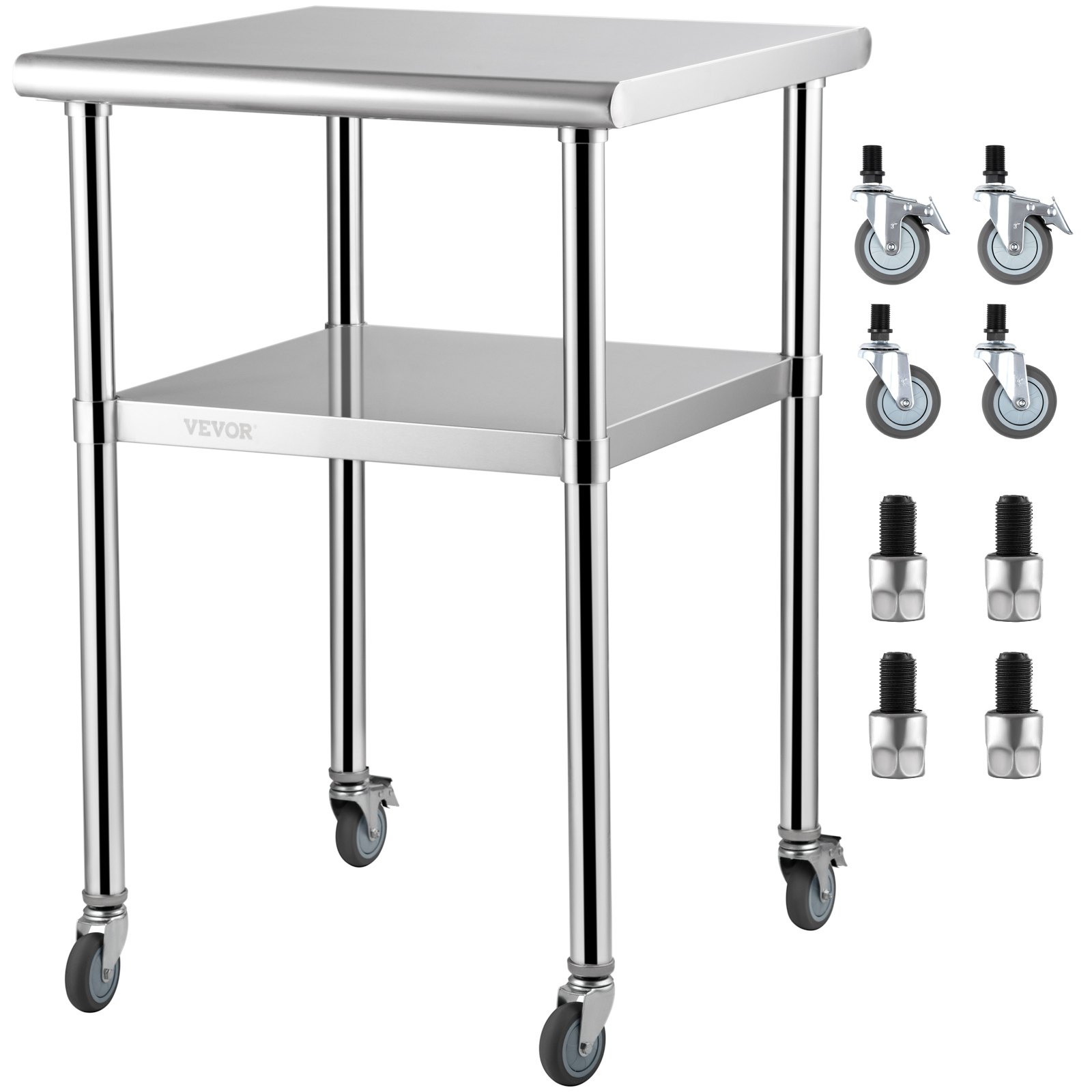 VEVOR Mesa de preparación de acero inoxidable, 24 x 24 x 36 pulgadas, capacidad de carga de 600 libras, mesa de trabajo de metal resistente con estante inferior ajustable y ruedas universales, estación de trabajo comercial para cocina, garaje, patio trasero
