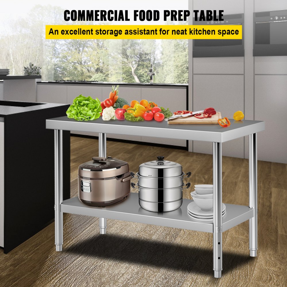Mesa de preparación de acero inoxidable VEVOR con varias verduras en la parte superior y electrodomésticos de cocina debajo.