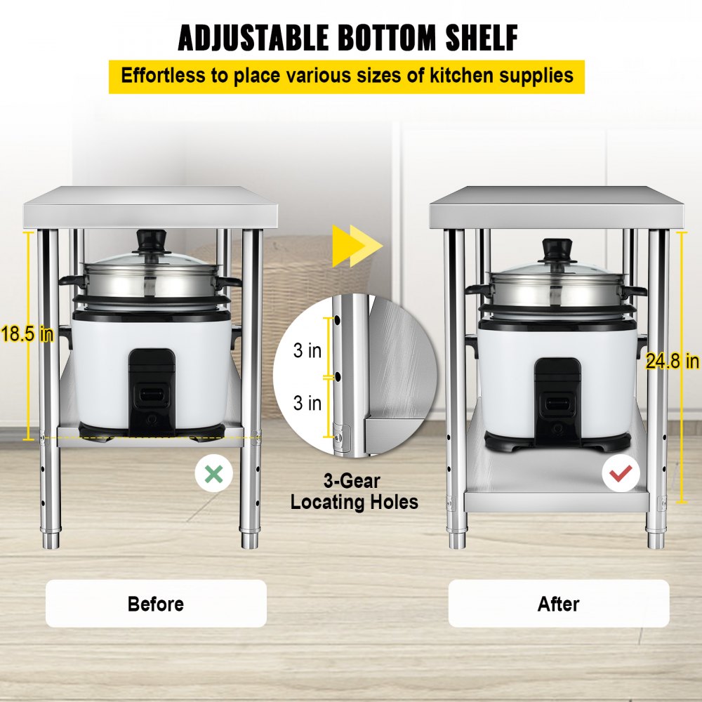Mesa de preparación de acero inoxidable VEVOR con estante inferior ajustable que muestra configuraciones de altura antes y después.