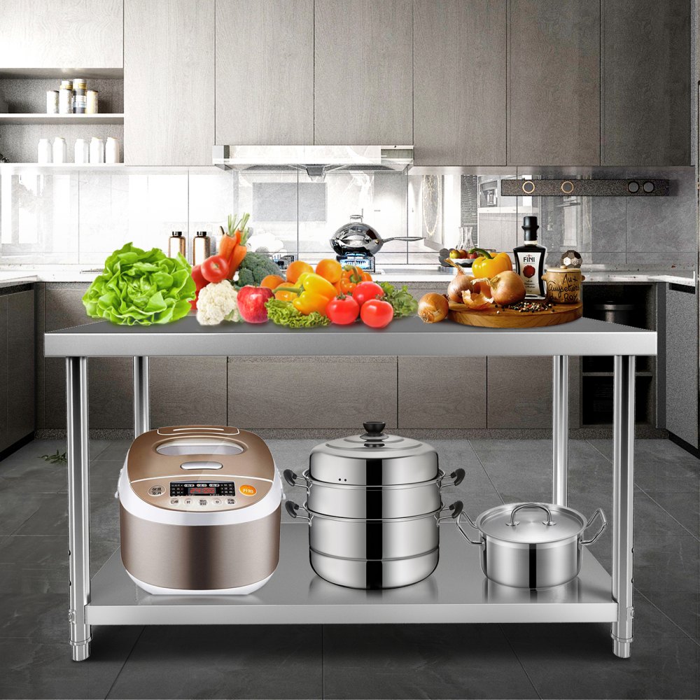 Cocina moderna con mesa de preparación de acero inoxidable VEVOR, verduras frescas y electrodomésticos de cocina exhibidos.