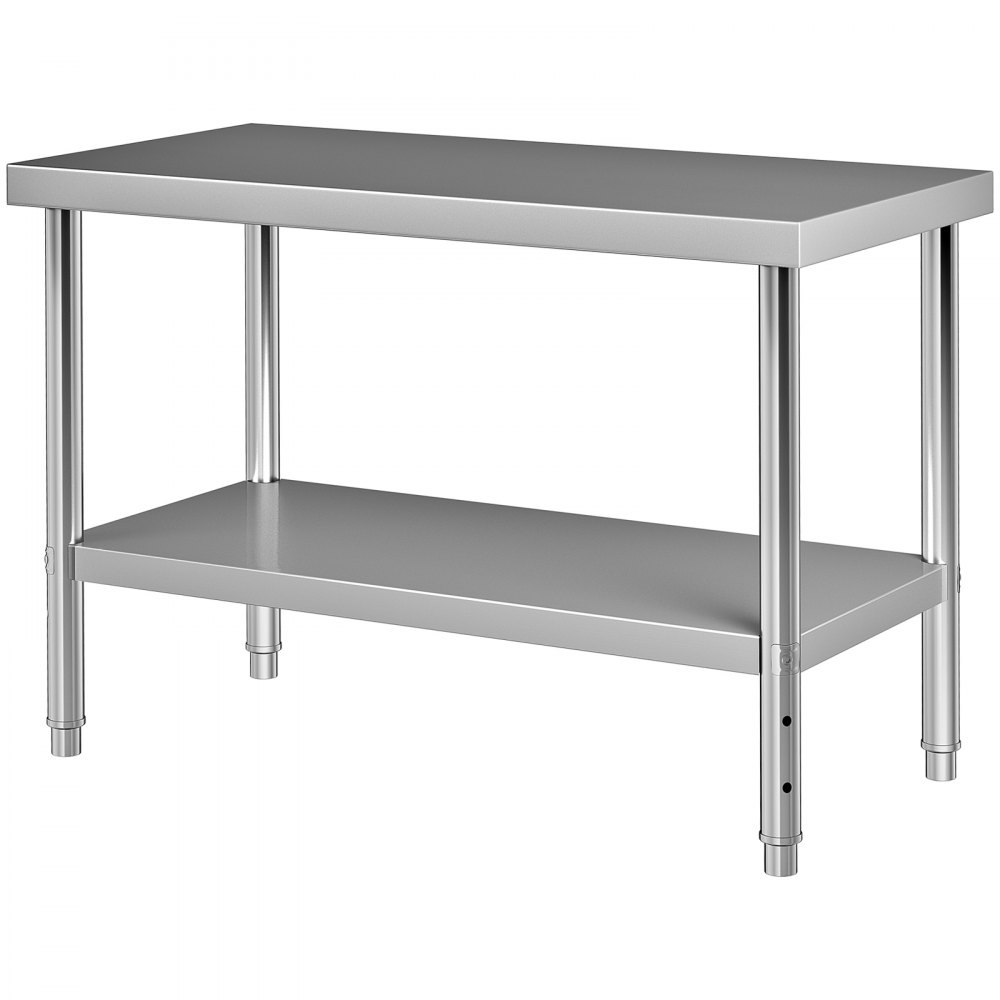 Mesa de preparación de acero inoxidable VEVOR con estante inferior ajustable y patas tubulares resistentes.