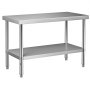 Mesa de preparación de acero inoxidable VEVOR con estante inferior y patas resistentes para uso en cocina o restaurante.