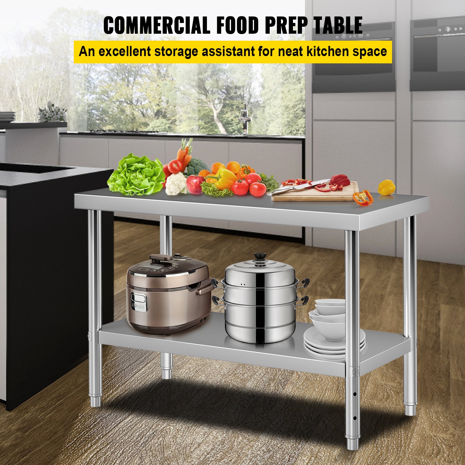 Mesa de preparación de acero inoxidable VEVOR con varias verduras en la parte superior y electrodomésticos de cocina debajo.