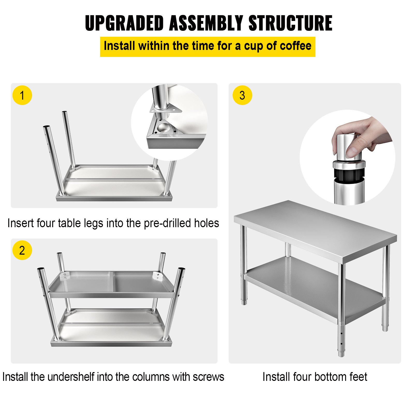 Pasos de montaje de la mesa de preparación de acero inoxidable VEVOR: insertar las patas, colocar el estante inferior, instalar los pies inferiores.