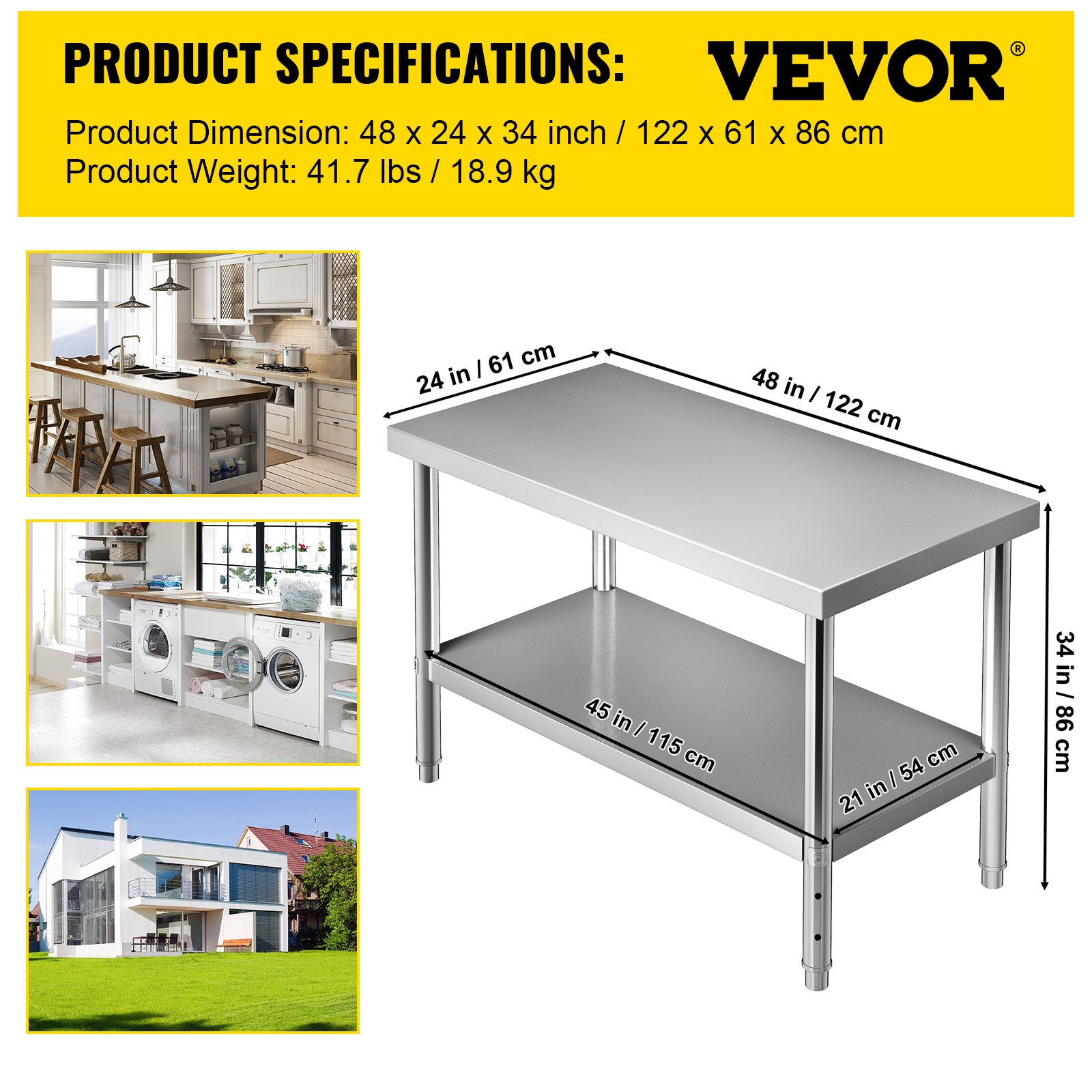 Mesa de preparación de acero inoxidable VEVOR, 48 x 24 x 34 pulgadas, que se muestra en configuraciones de cocina, lavandería y exteriores.