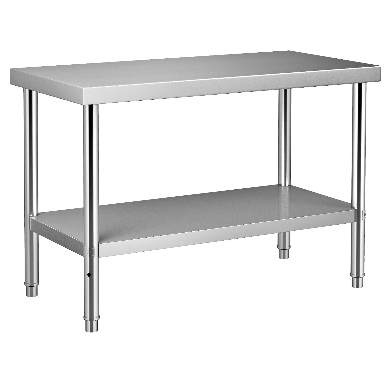 Mesa de preparación de acero inoxidable VEVOR con estante inferior y patas resistentes para uso en cocina o restaurante.
