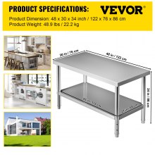 VEVOR Mesa de preparación de acero inoxidable, 48 x 30 x 34 pulgadas, capacidad de carga de 550 libras, mesa de trabajo de metal resistente con estante inferior ajustable, estación de trabajo comercial para cocina, restaurante, garaje, patio trasero