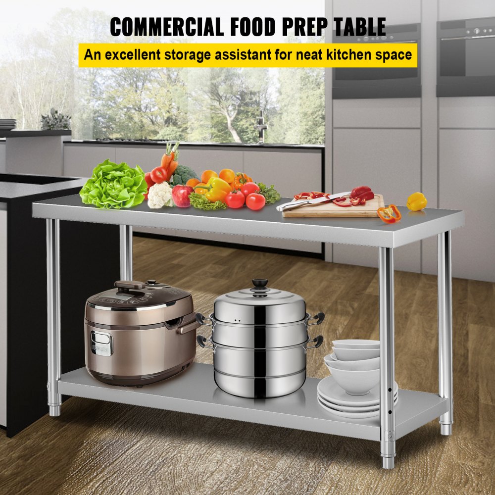 Mesa de preparación de acero inoxidable VEVOR, 152 x 61 x 86 cm, capacidad de carga de 250 kg, mesa de trabajo de metal resistente con estante inferior ajustable, estación de trabajo comercial para cocina, restaurante, garaje, patio trasero