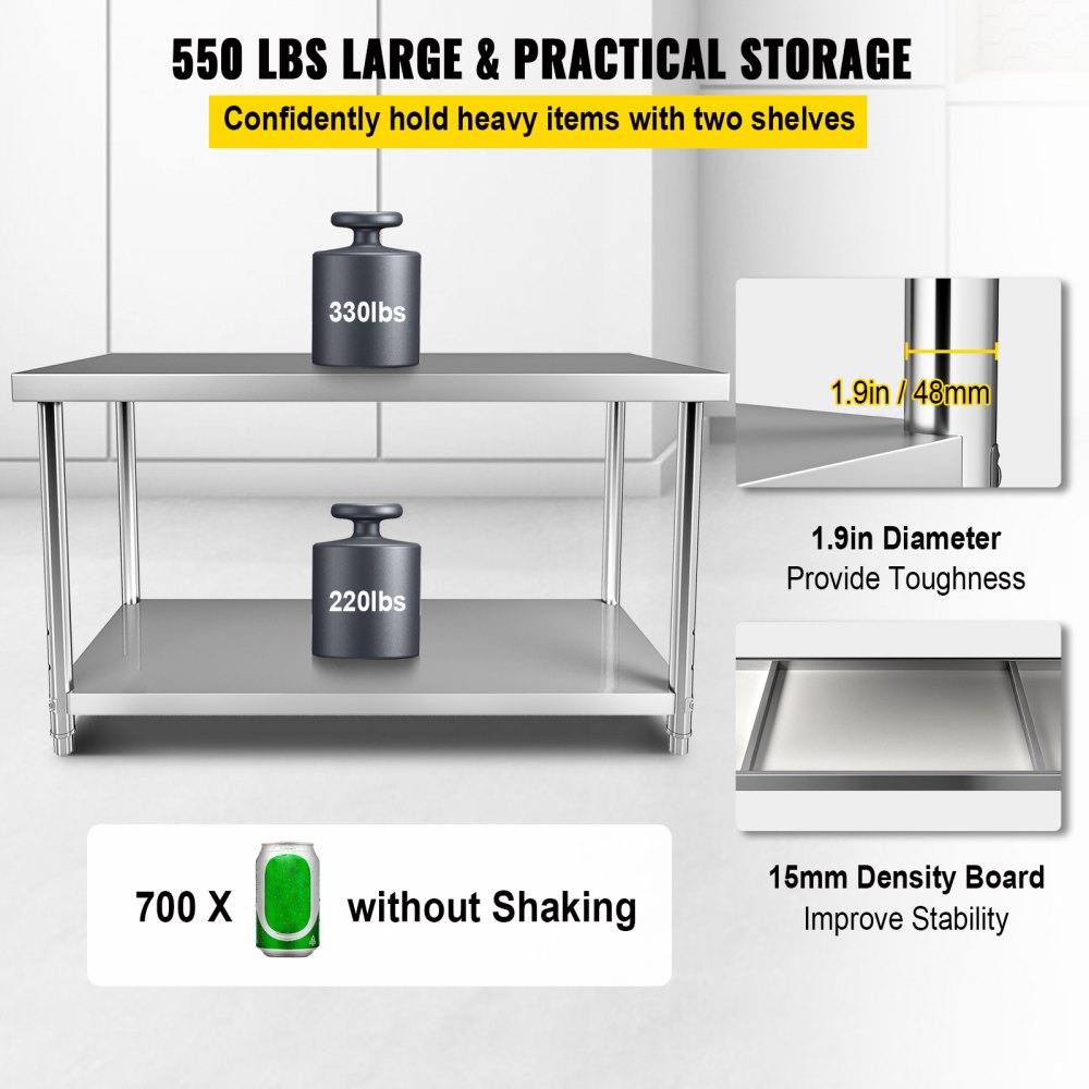 Mesa de preparación de acero inoxidable VEVOR, 152 x 61 x 86 cm, capacidad de carga de 250 kg, mesa de trabajo de metal resistente con estante inferior ajustable, estación de trabajo comercial para cocina, restaurante, garaje, patio trasero