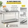 Mesa de preparación de acero inoxidable VEVOR, 152 x 61 x 86 cm, capacidad de carga de 250 kg, mesa de trabajo de metal resistente con estante inferior ajustable, estación de trabajo comercial para cocina, restaurante, garaje, patio trasero