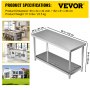 VEVOR Mesa de preparación de acero inoxidable, 60 x 24 x 34 pulgadas, capacidad de carga de 550 libras, mesa de trabajo de metal resistente con estante inferior ajustable, estación de trabajo comercial para cocina, restaurante, garaje, patio trasero