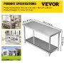 Mesa de preparación de acero inoxidable VEVOR, 152 x 61 x 86 cm, capacidad de carga de 250 kg, mesa de trabajo de metal resistente con estante inferior ajustable, estación de trabajo comercial para cocina, restaurante, garaje, patio trasero