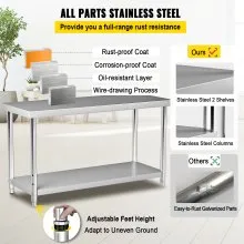 VEVOR Mesa de preparación de acero inoxidable, 60 x 24 x 34 pulgadas, capacidad de carga de 550 libras, mesa de trabajo de metal resistente con estante inferior ajustable, estación de trabajo comercial para cocina, restaurante, garaje, patio trasero