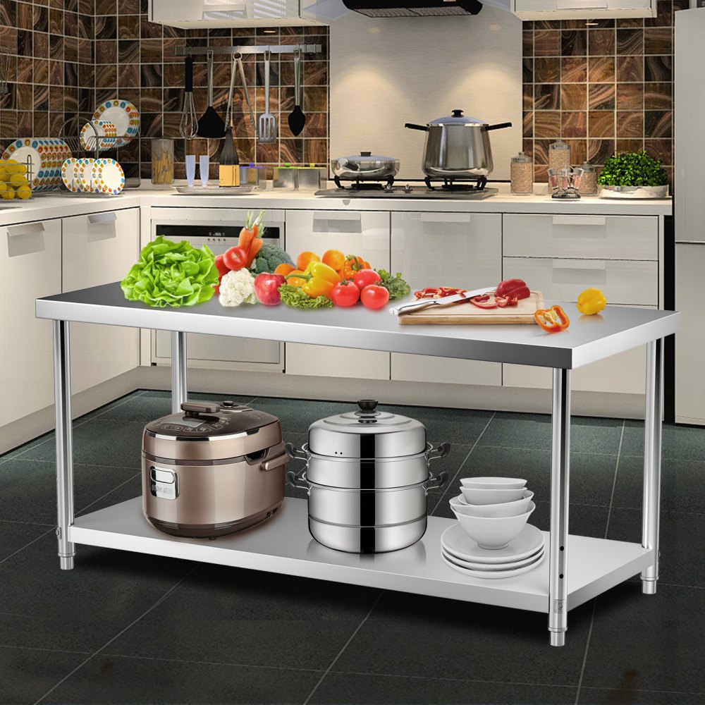 VEVOR Mesa de preparación de acero inoxidable, 72 x 30 x 34 pulgadas, capacidad de carga de 550 libras, mesa de trabajo de metal resistente con estante inferior ajustable, estación de trabajo comercial para cocina, restaurante, garaje, patio trasero
