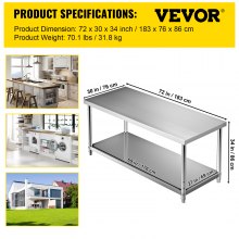 VEVOR Mesa de preparación de acero inoxidable, 72 x 30 x 34 pulgadas, capacidad de carga de 550 libras, mesa de trabajo de metal resistente con estante inferior ajustable, estación de trabajo comercial para cocina, restaurante, garaje, patio trasero