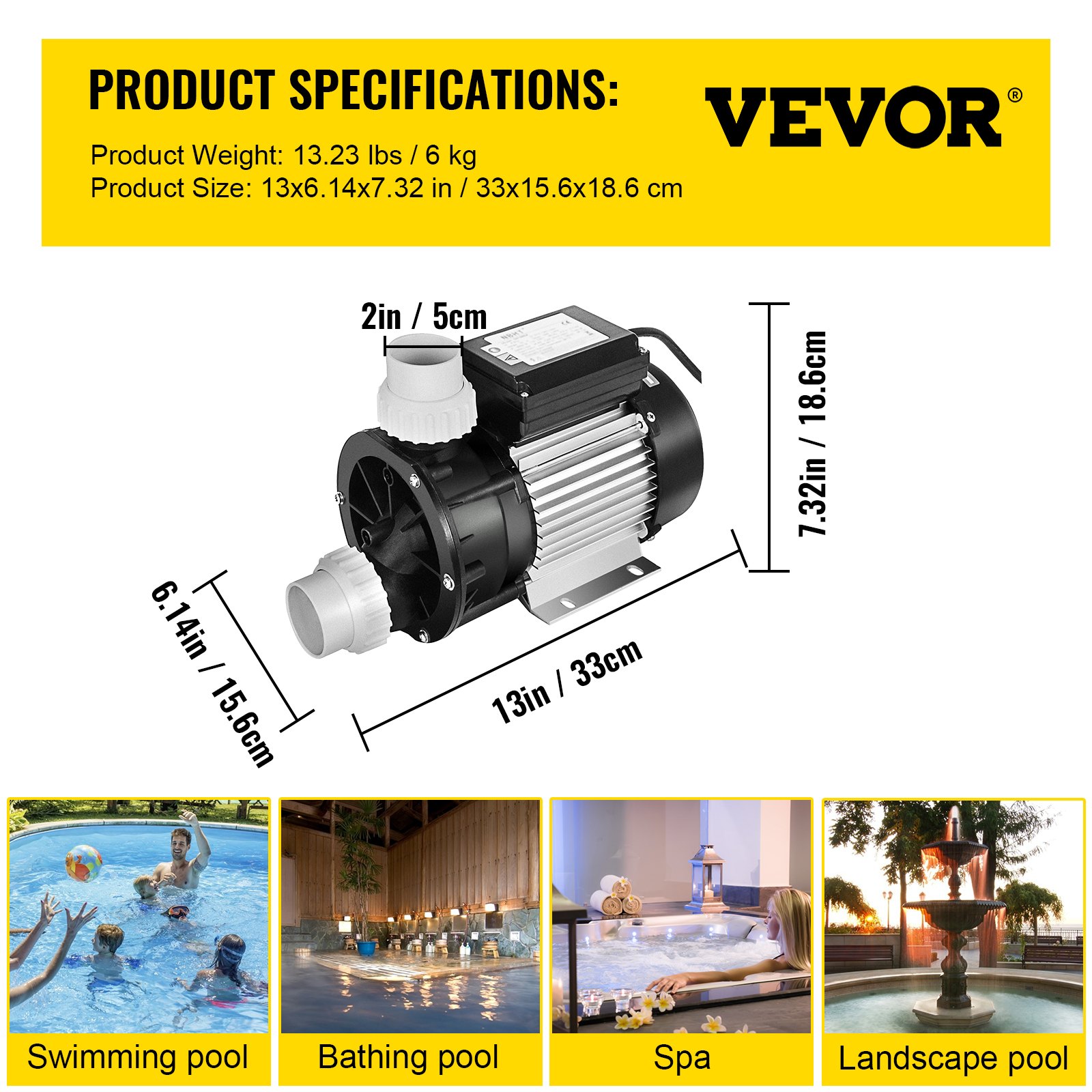 VEVOR Natación 0.5HP 550W SPA 325 L/Min Bomba de circulación de agua para bañera de hidromasaje Piscina sobre el suelo y bañera de hidromasaje, Negro