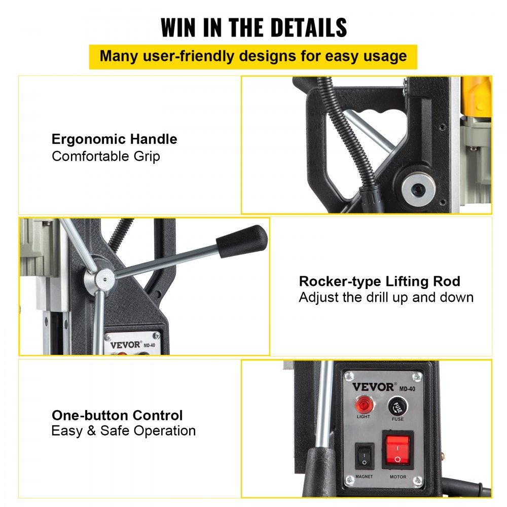 Taladro magnético VEVOR, 1100 W, diámetro de perforación de 1,57", 12000 N/2697 lbf, taladro de columna eléctrico portátil con 7 brocas, velocidad máxima de 580 RPM, ideal para cualquier superficie y mejoras del hogar.