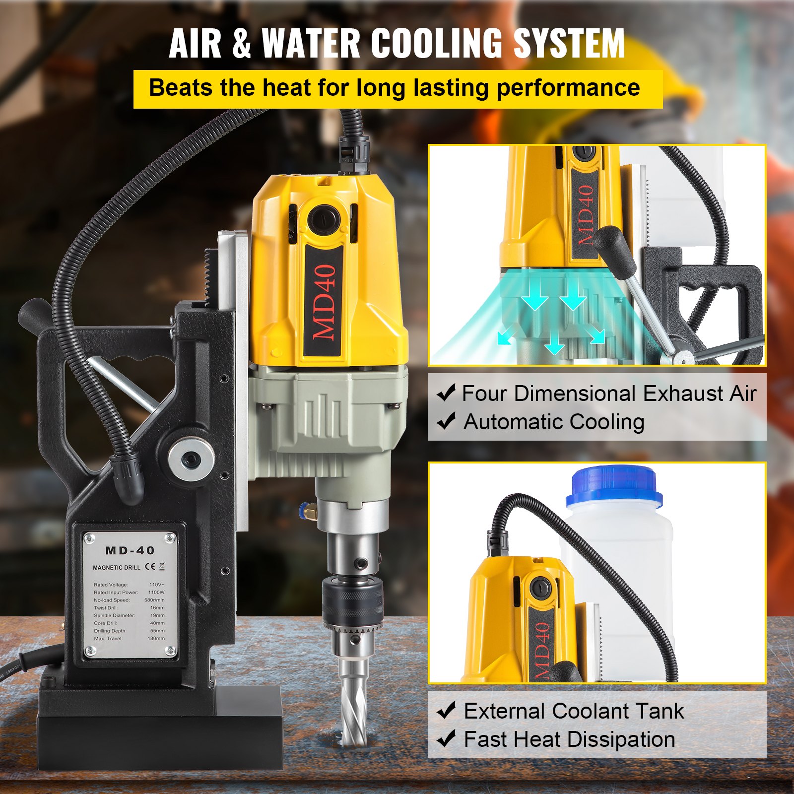 Taladro magnético VEVOR md-40 con sistema de enfriamiento por aire y agua para un rendimiento duradero y una rápida disipación del calor.