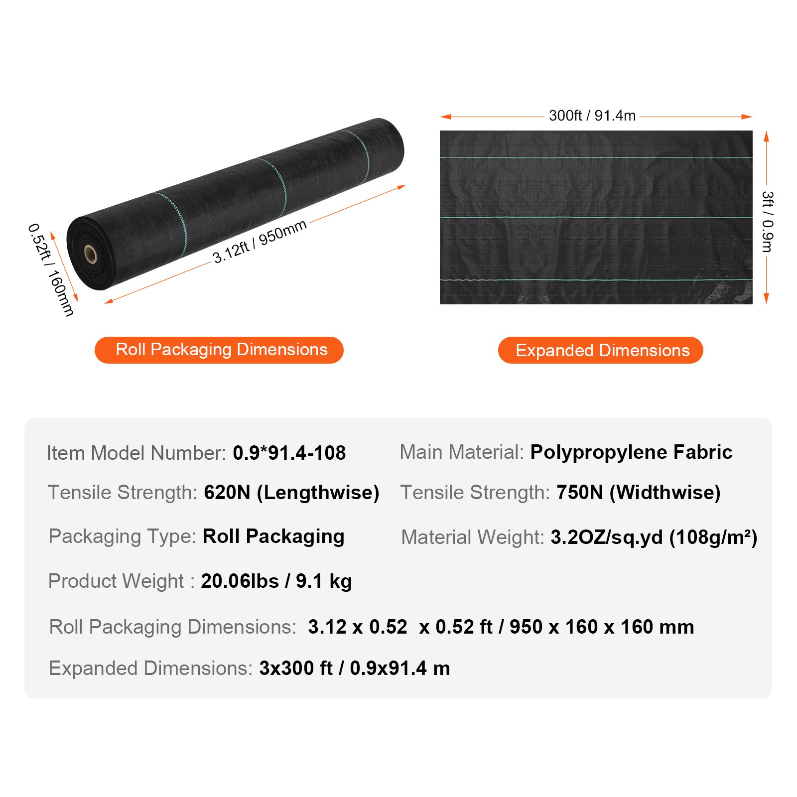 Rollo de tela protectora contra malezas VEVOR y dimensiones expandidas con características: polipropileno, 3x300 pies.