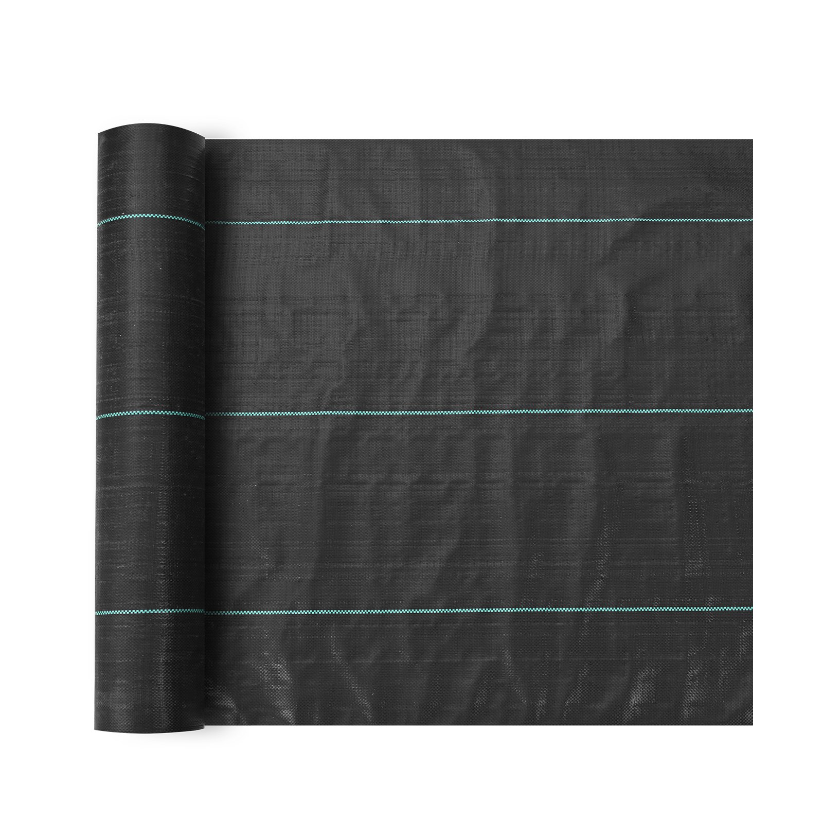 Rollo de tejido antimaleza VEVOR negro con rayas verdes, utilizado para el control de malezas en jardines y paisajes.