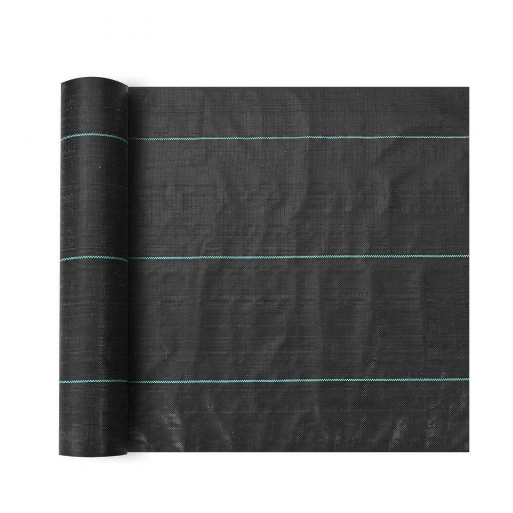 Rollo negro de tela protectora contra malezas VEVOR con líneas de cuadrícula verdes diseñada para uso en jardines y paisajes.