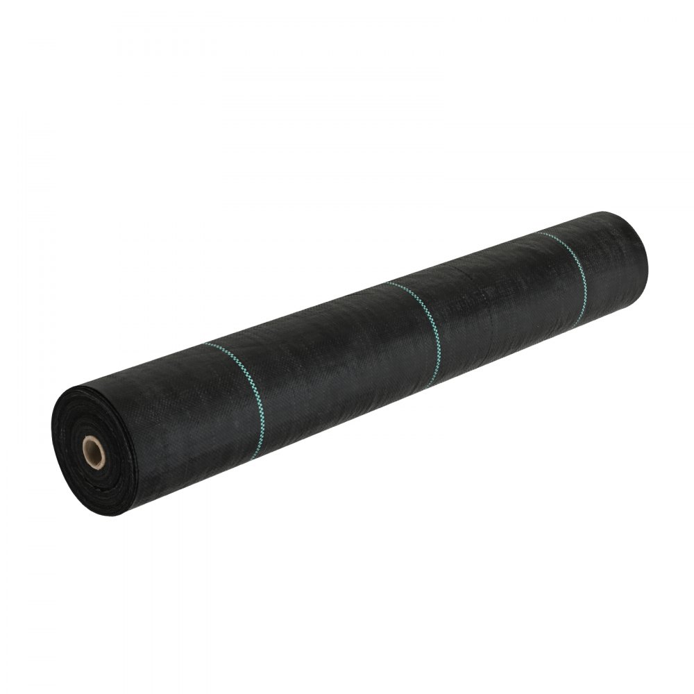 Rollo de tela protectora contra malas hierbas VEVOR con patrón de rayas verdes.