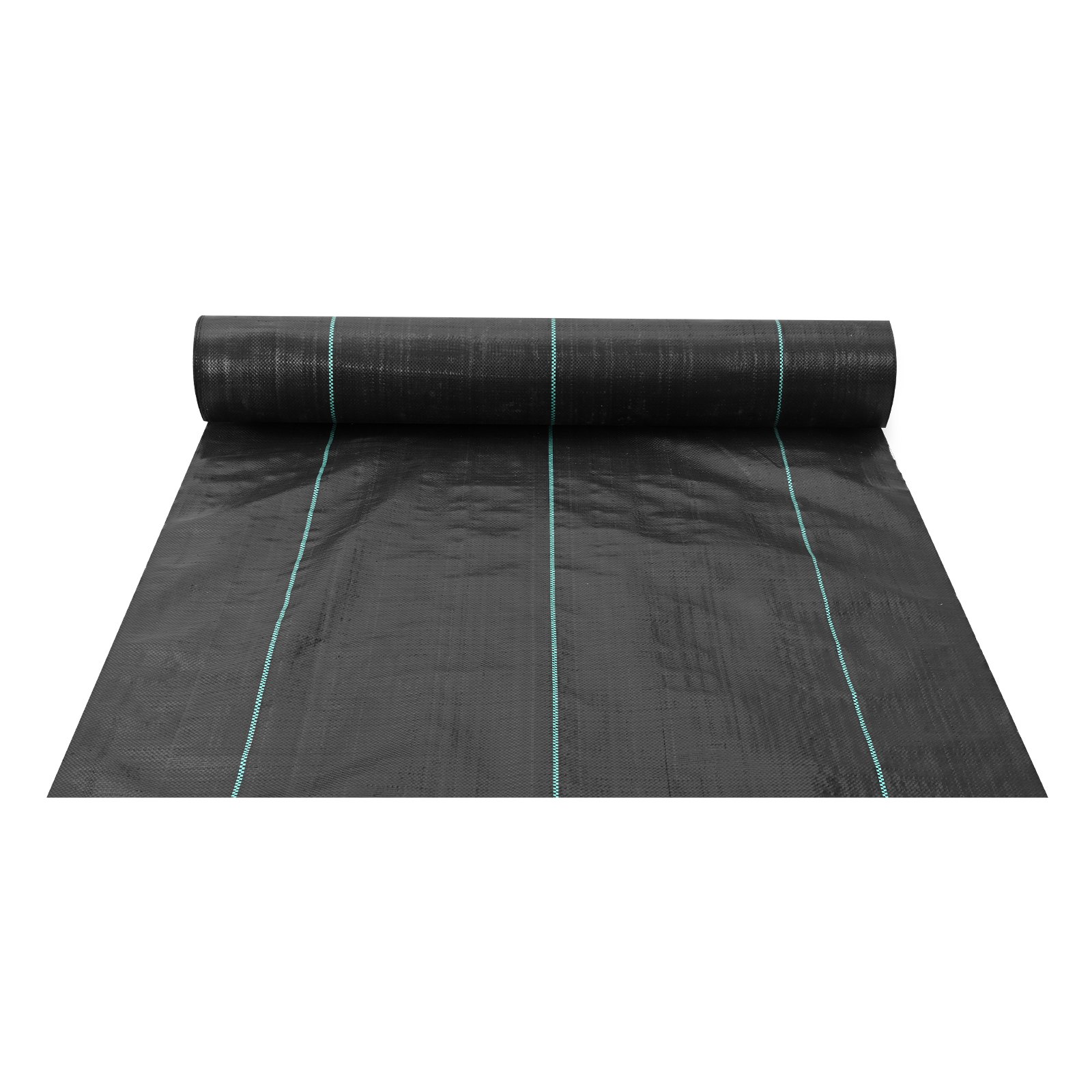 Rollo de tela protectora contra malas hierbas VEVOR, de color negro con líneas verdes, parcialmente desenrollado sobre fondo blanco.